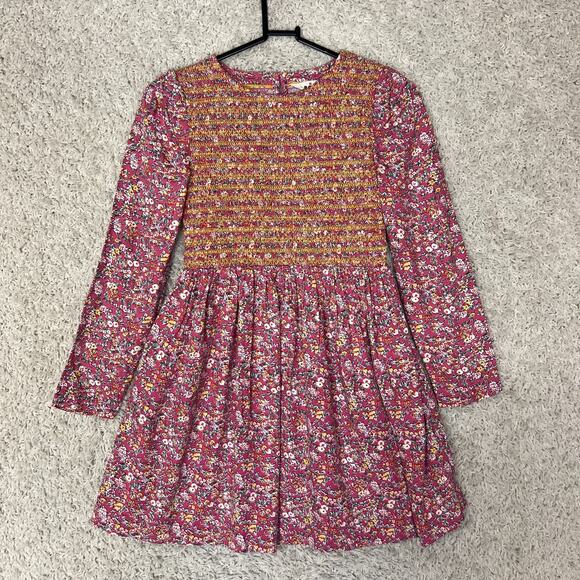 Mini Boden Shirred Bodice Dress Girls 9-10 Years Pink Floral Long Sleeve